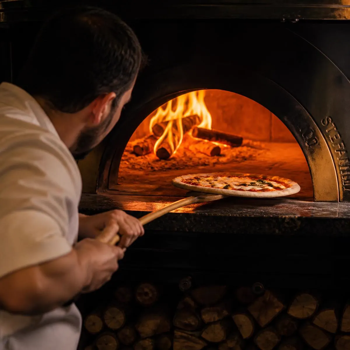 Pizzaiolo che inforna una pizza con la pala nel forno a legna acceso